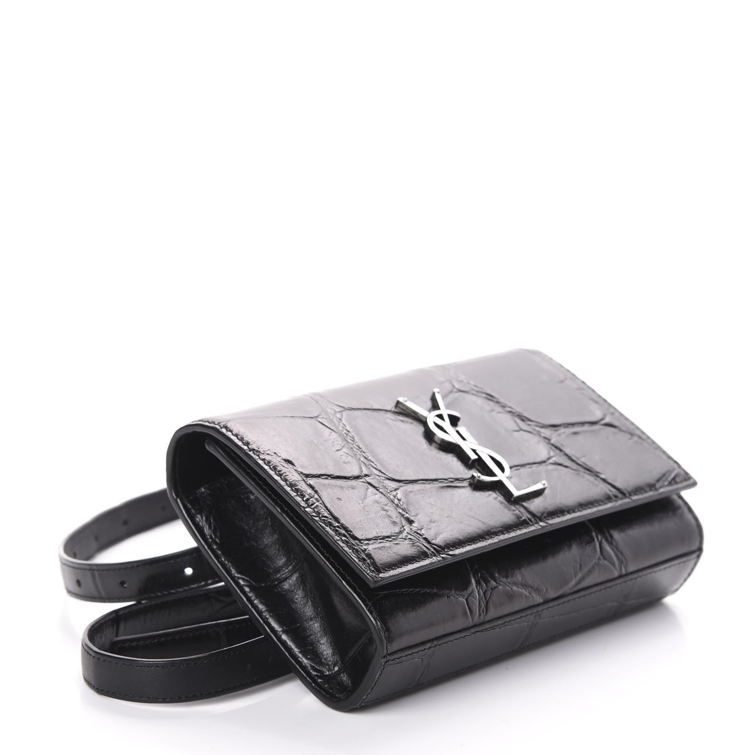 Saint Laurent Calfskin Crocodile Embossed Monogram Kate Belt Bag Black 4 of 9
