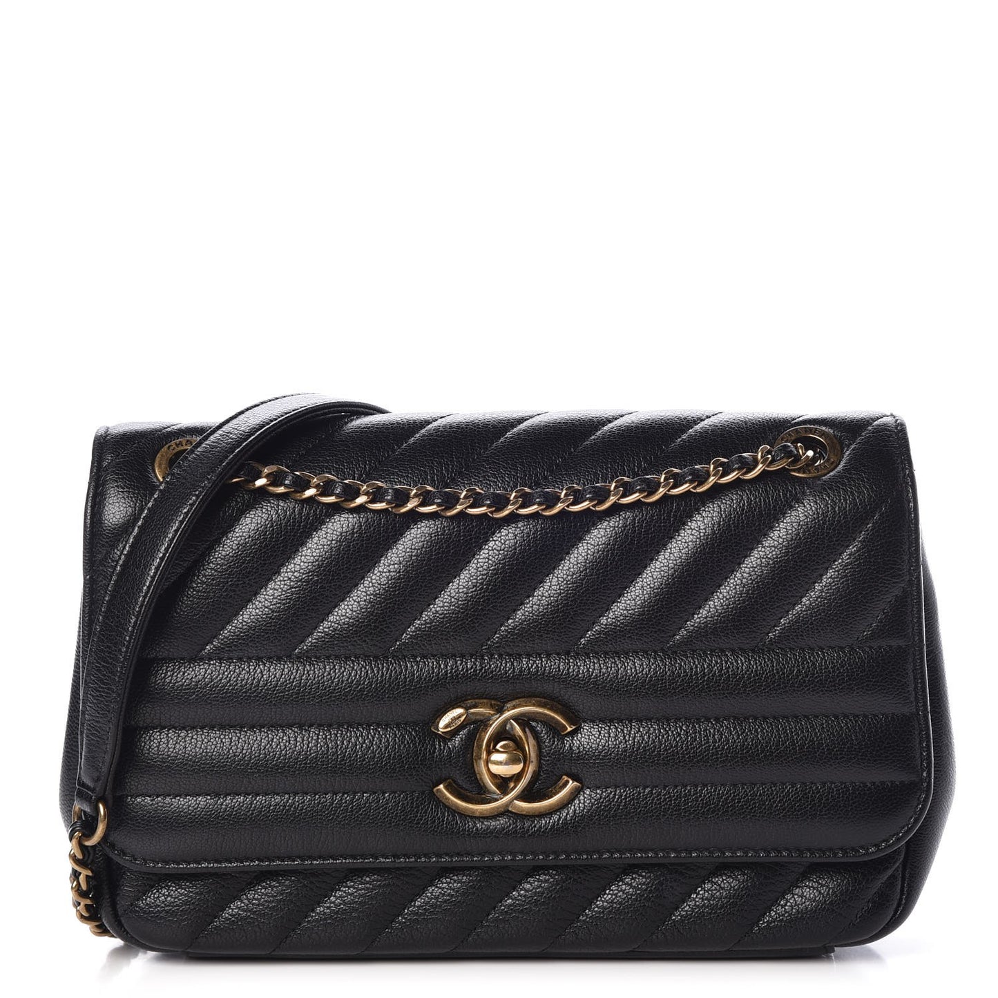 Shiny Goatskin Diagonal Quilted Small Flap Black