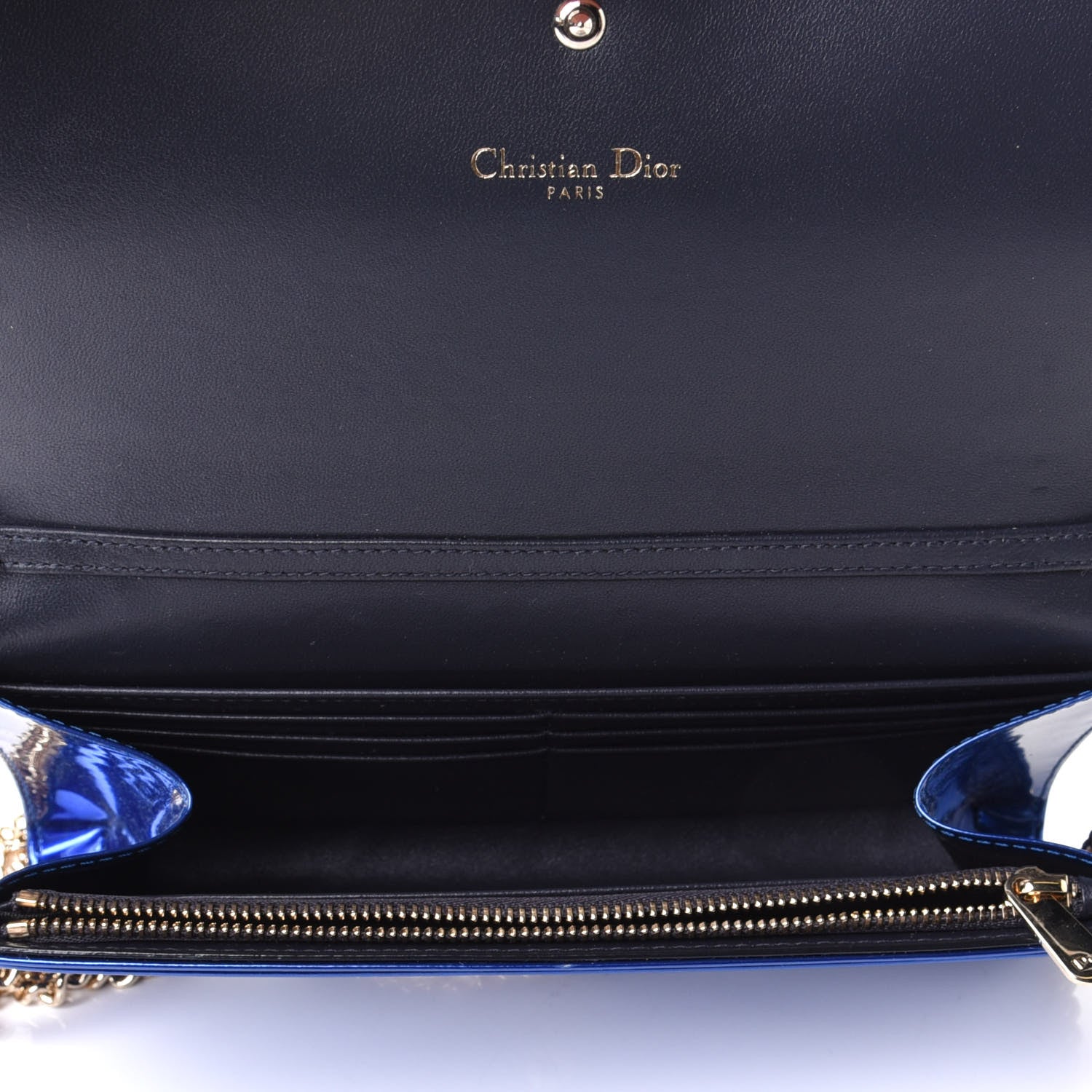 Christian Dior Metallic Patent Micro-Cannage Diorama Croisiere Chain Wallet Blue 3 of 3