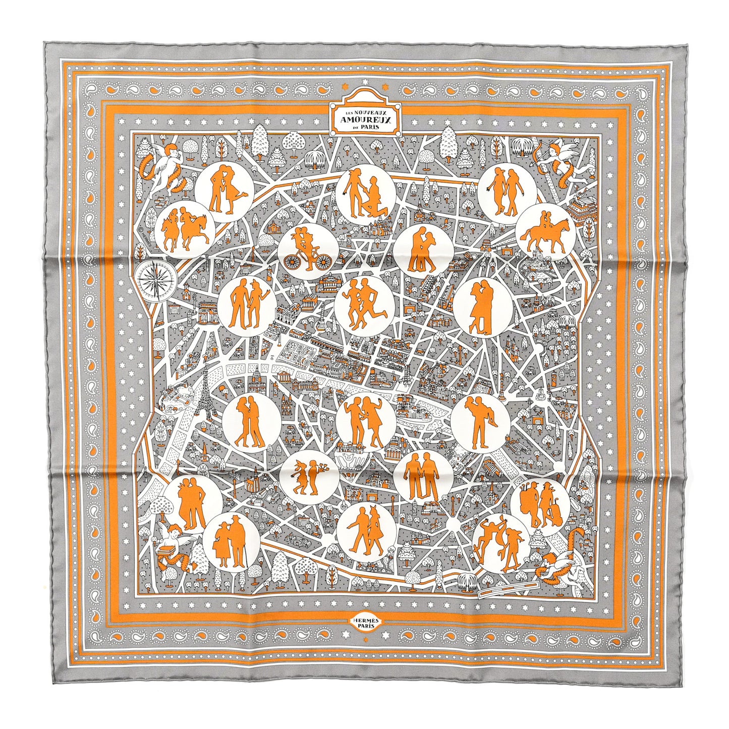 Silk Les Nouveaux Amoureux de Paris Bandana Scarf 55 Gris White Caramel