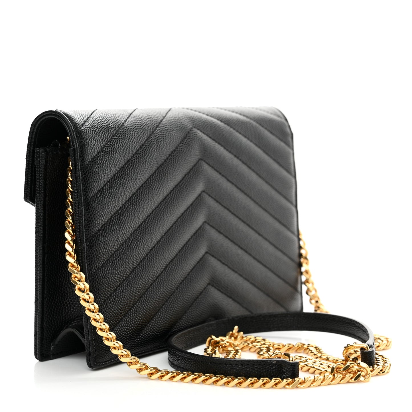 Grain De Poudre Matelasse Chevron Monogram Envelope Chain Wallet Black
