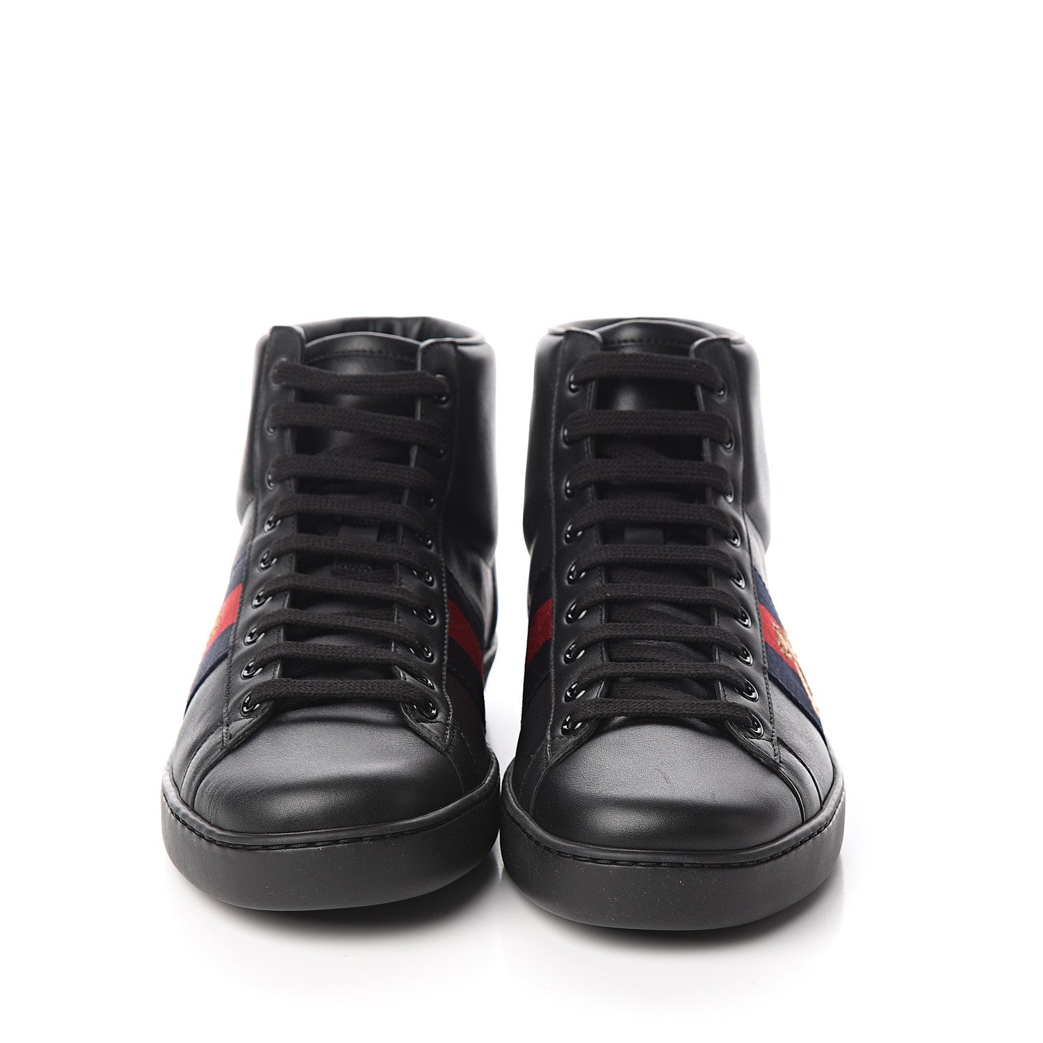 Gucci Calfskin Miro Soft Web Bee Embroidered Mens Ace High Top Sneakers 6.5 Black 2 of 9