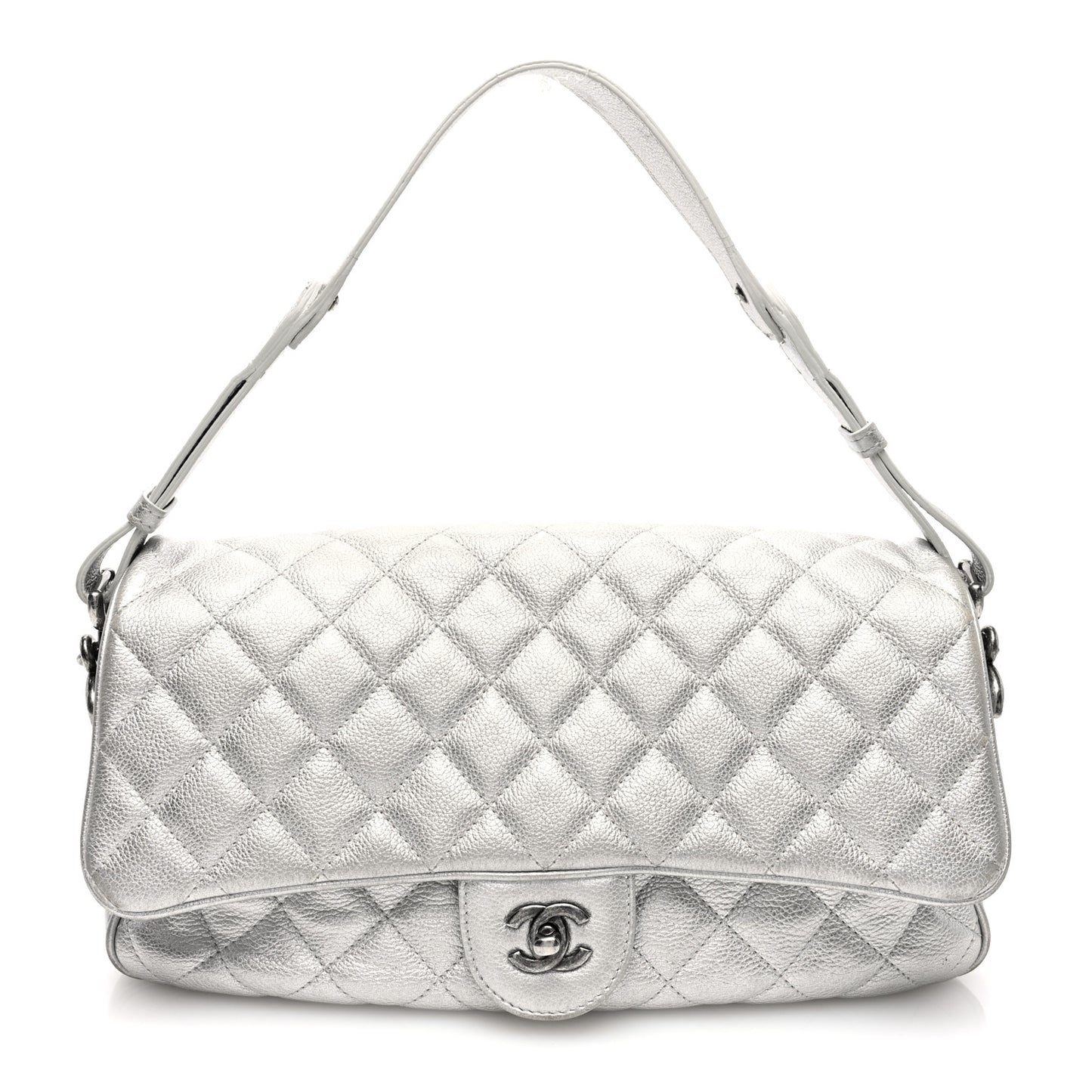 Metallic Calfskin Quilted Medium Casual Rock Flap Silver