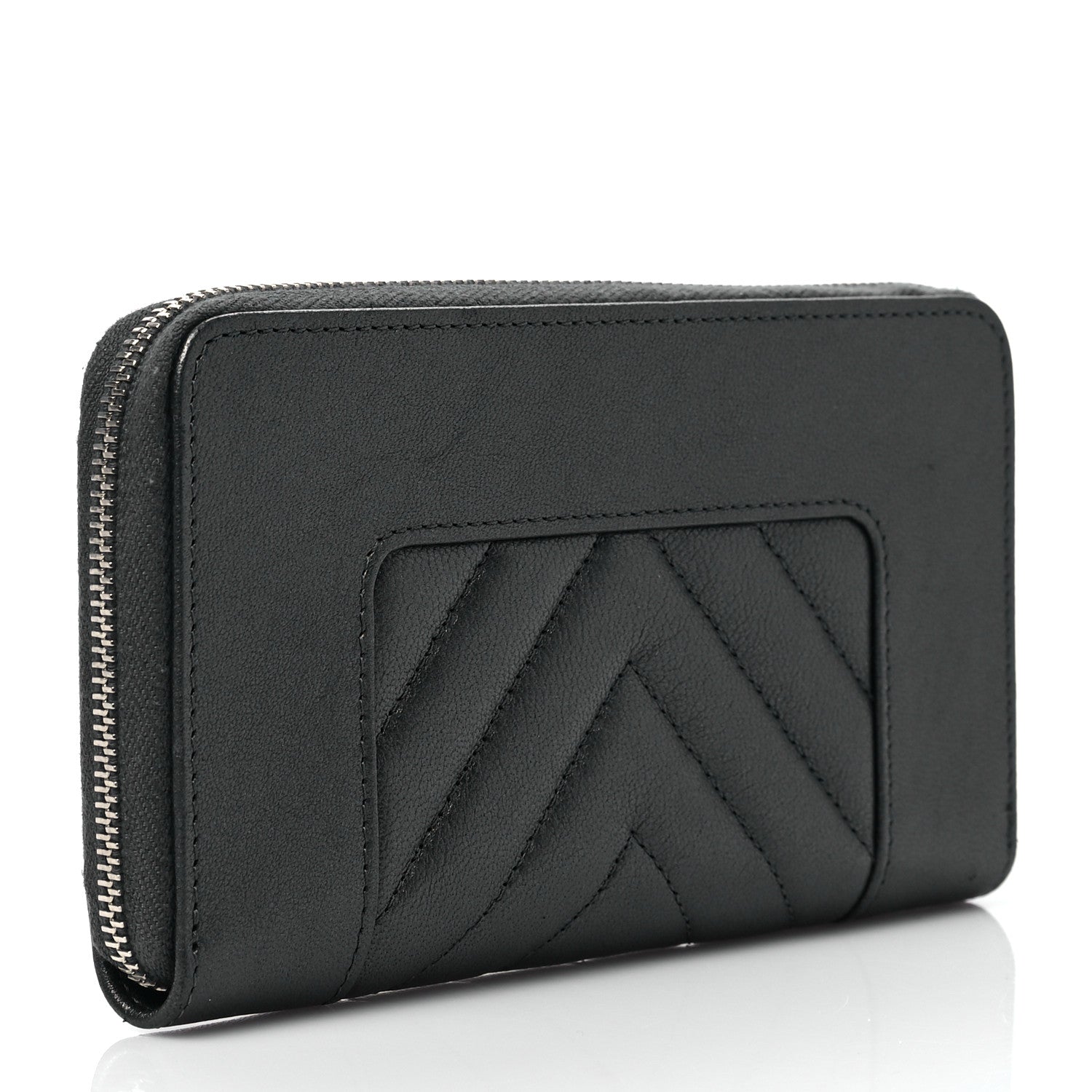 Chanel Sheepskin Chevron Quilted Mademoiselle Vintage Zip Around Wallet Grey 3 of 9