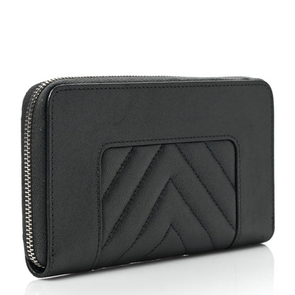 Chanel Sheepskin Chevron Quilted Mademoiselle Vintage Zip Around Wallet Grey 3 of 9