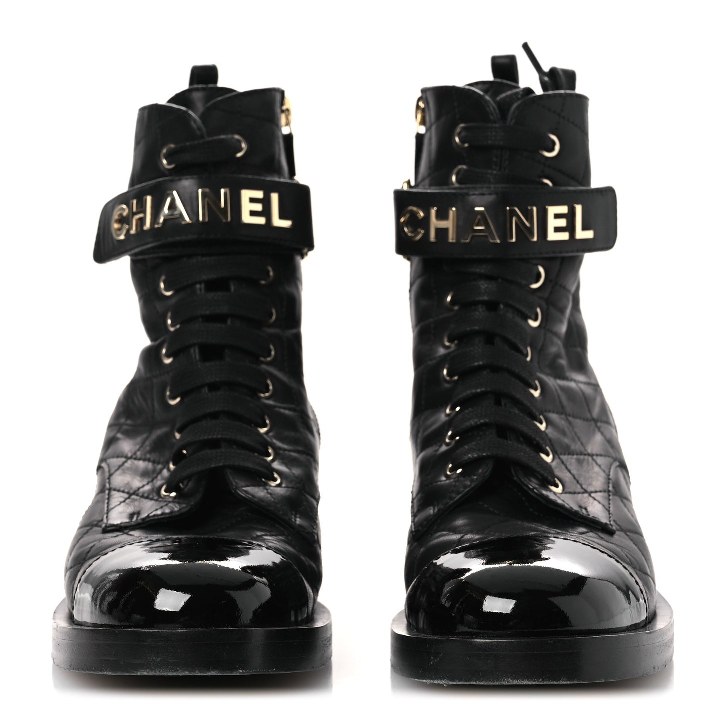 Lambskin Patent Calfskin Quilted Logo Lace Up Combat Boots 38 Black