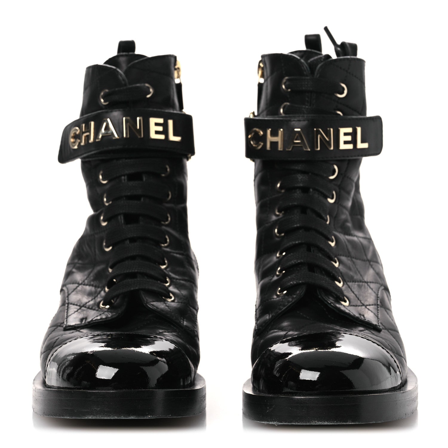 Chanel Lambskin Patent Calfskin Quilted Logo Lace Up Combat Boots 38 Black 3 of 11
