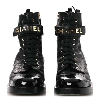 Chanel Lambskin Patent Calfskin Quilted Logo Lace Up Combat Boots 38 Black 3 of 11
