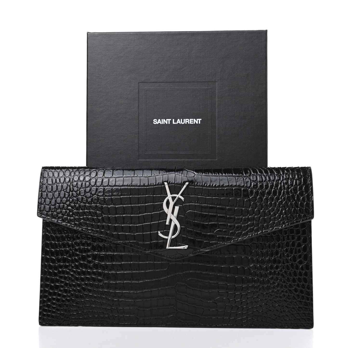 Calfskin Crocodile Embossed Uptown Monogram Clutch Black