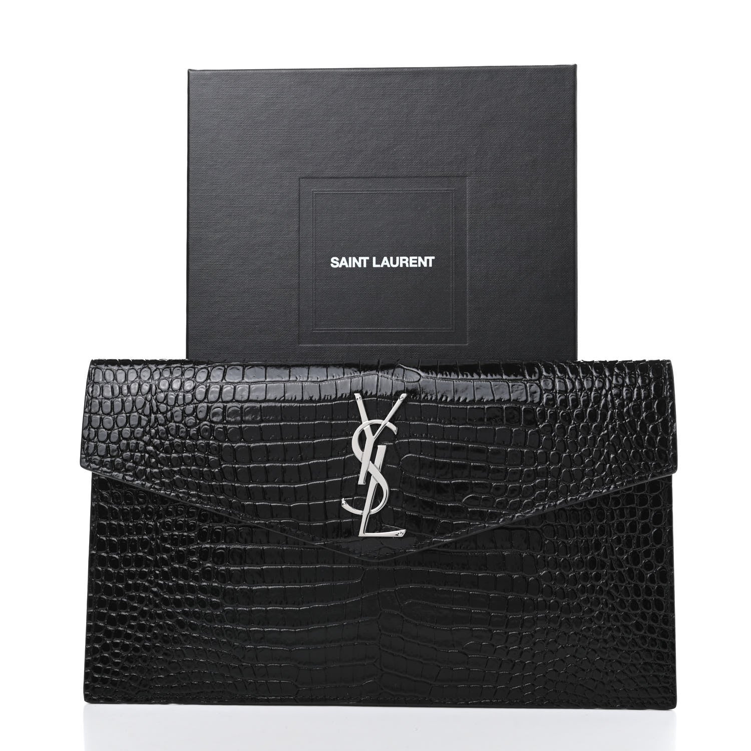 Saint Laurent Calfskin Crocodile Embossed Uptown Monogram Clutch Black 7 of 7