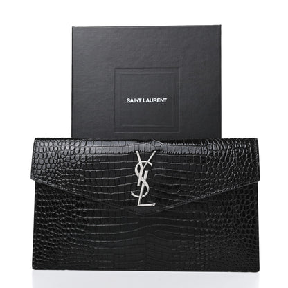 Saint Laurent Calfskin Crocodile Embossed Uptown Monogram Clutch Black 7 of 7