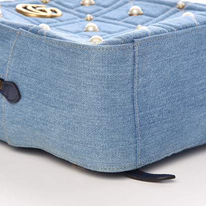 Gucci Kura Denim Matelasse Cubic Pearl Studded GG Marmont Dome Backpack Blue 8 of 10