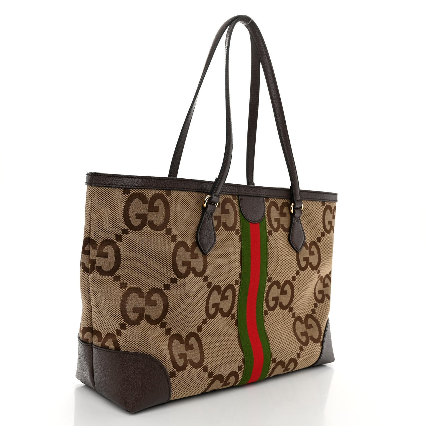 Monogram Jumbo GG Textured Dollar Calfskin Web Medium Ophidia Shopping Tote Camel Ebony