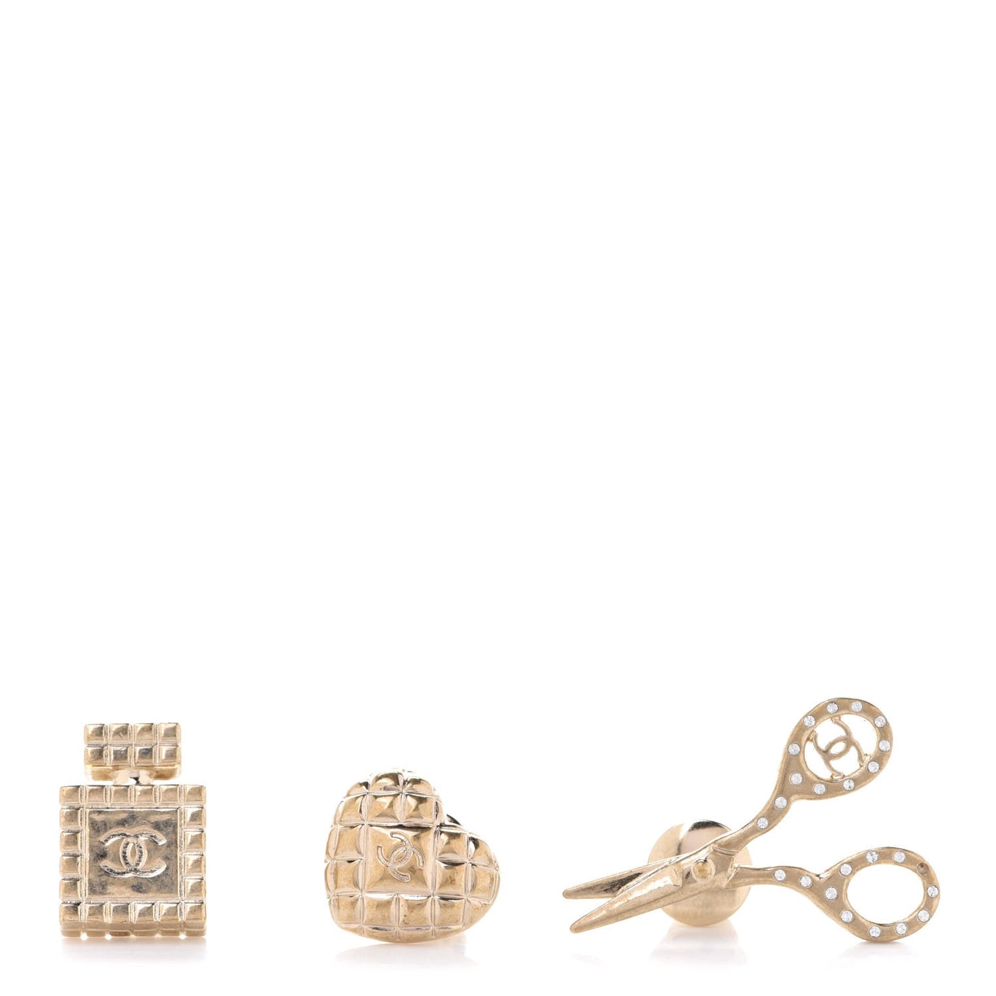 Metal Strass Crystal Quilted CC Heart Scissors Perfume Brooch Set Gold