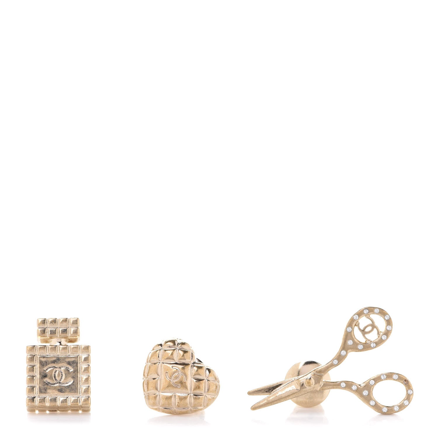 Chanel Metal Strass Crystal Quilted CC Heart Scissors Perfume Brooch Set Gold 1 of 7