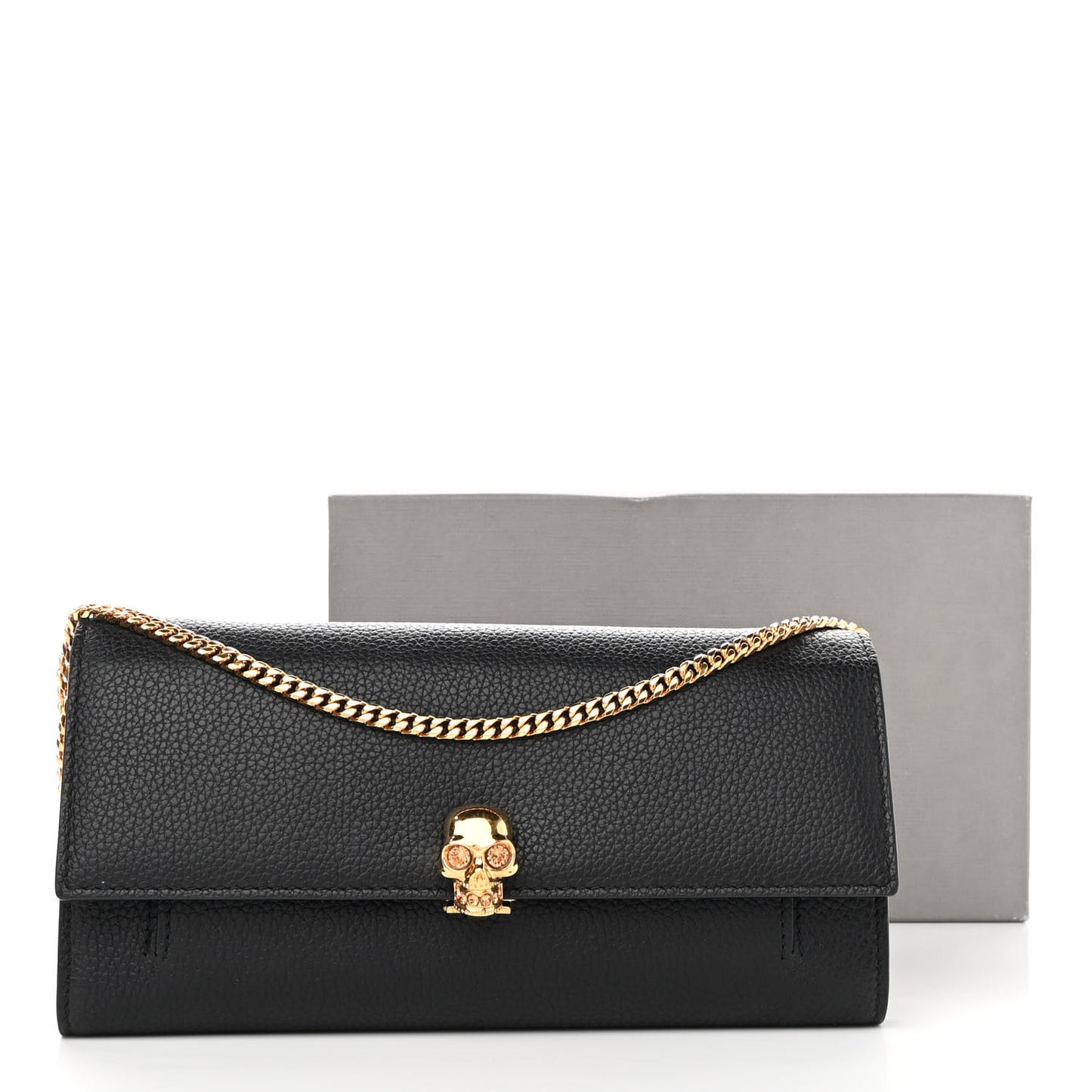 Pebbled Calfskin Skull Wallet on Chain Black