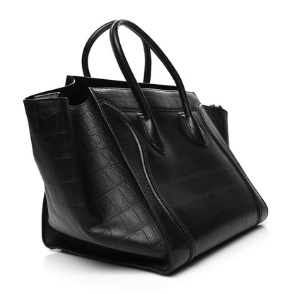 Celine Calfskin Crocodile Embossed Medium Phantom Luggage Black 3 of 13