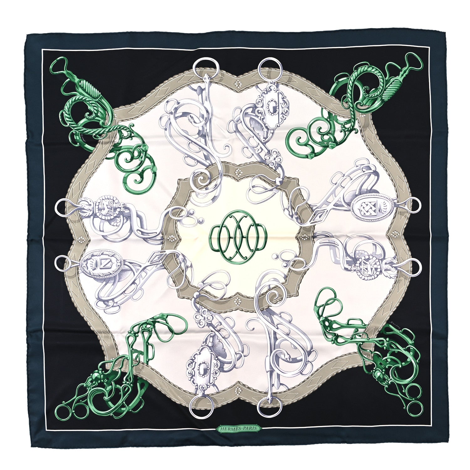 Hermes Silk Lift Profile Scarf 90 Vert Black Gris 1 of 4