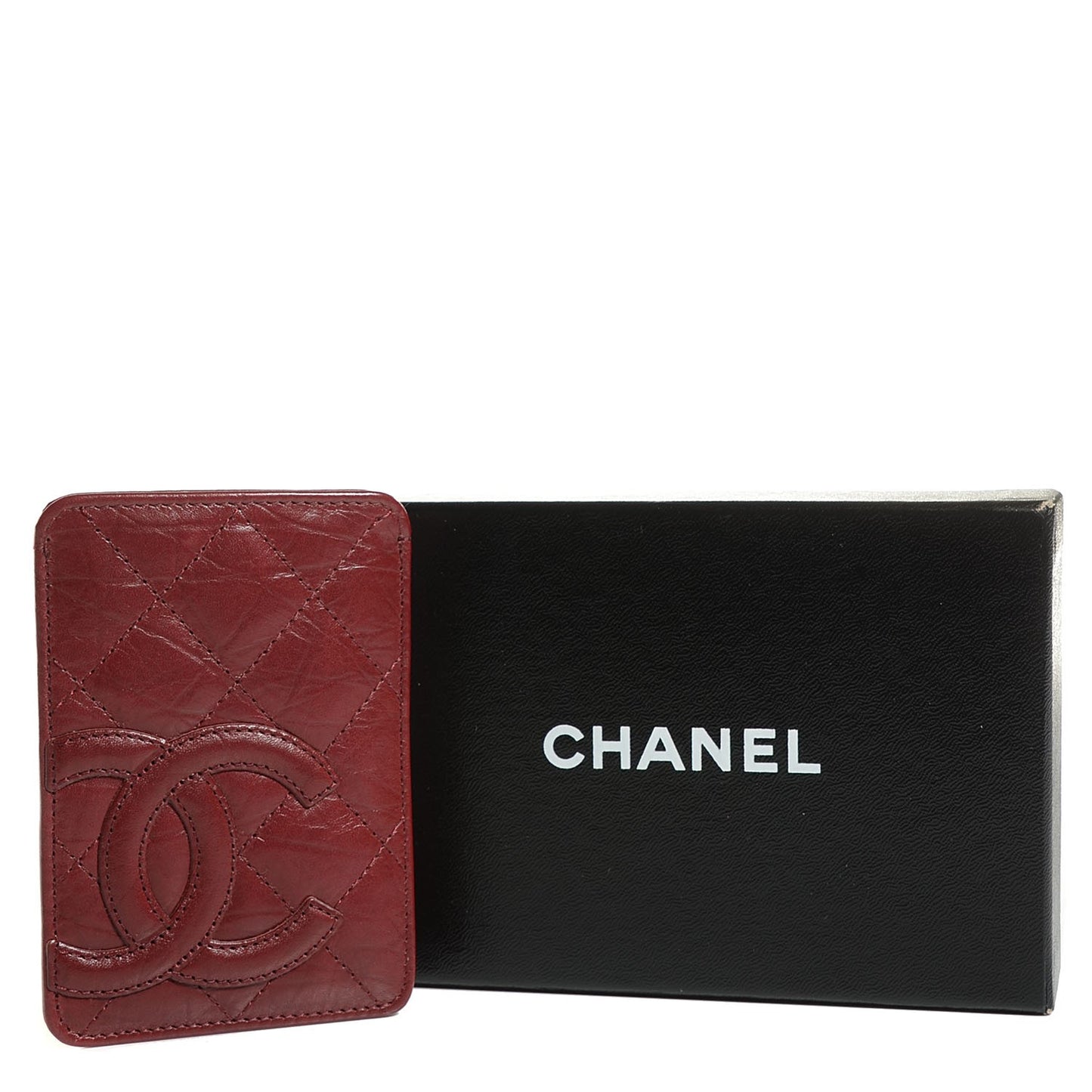 Aged Calfskin Quilted Cambon Card Case Holder Dark Red