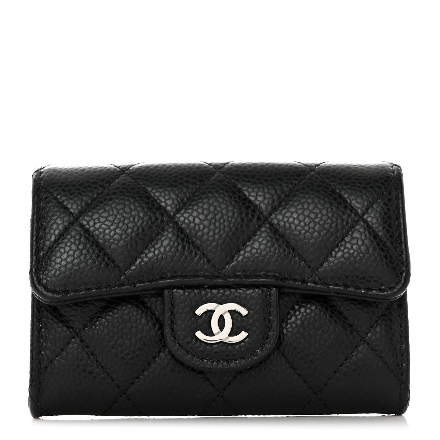 Caviar Quilted Flap Card Holder Wallet Black