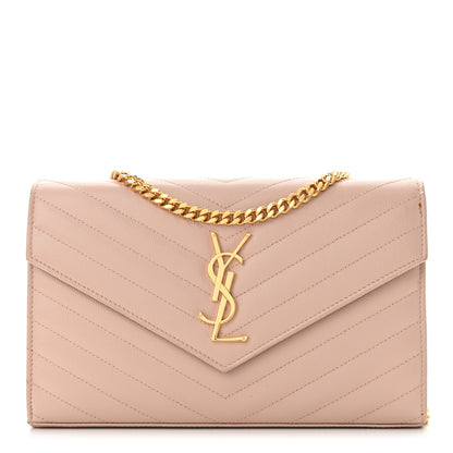 Saint Laurent Grain De Poudre Matelasse Chevron Monogram Chain Wallet Pale Pink 1 of 11