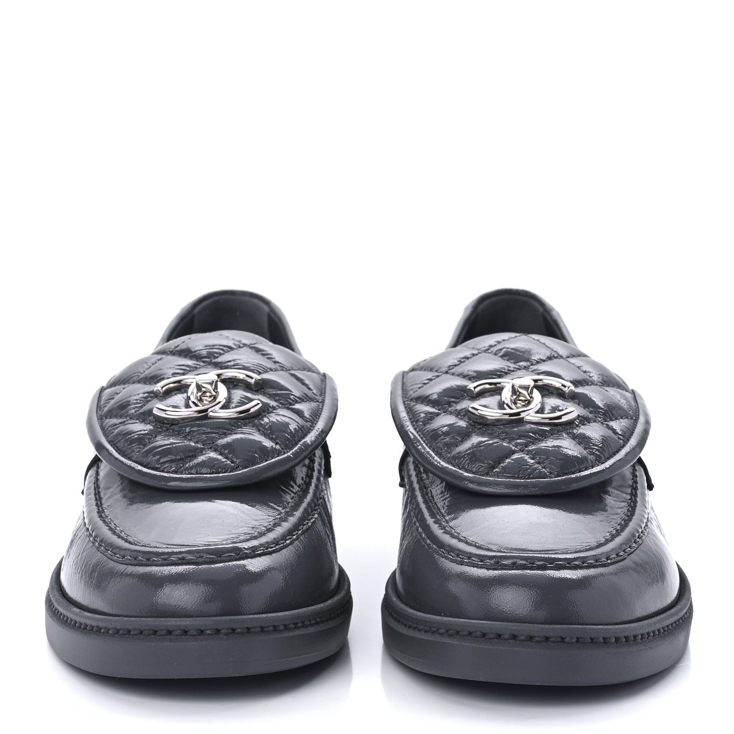 Crumpled Shiny Lambskin Quilted CC Turnlock Loafers 40.5 Dark Grey