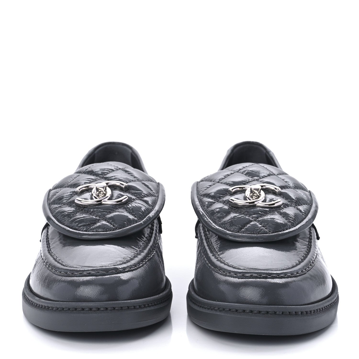 Chanel Crumpled Shiny Lambskin Quilted CC Turnlock Loafers 40.5 Dark Grey 2 of 10