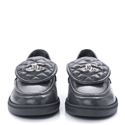 Chanel Crumpled Shiny Lambskin Quilted CC Turnlock Loafers 40.5 Dark Grey 2 of 10