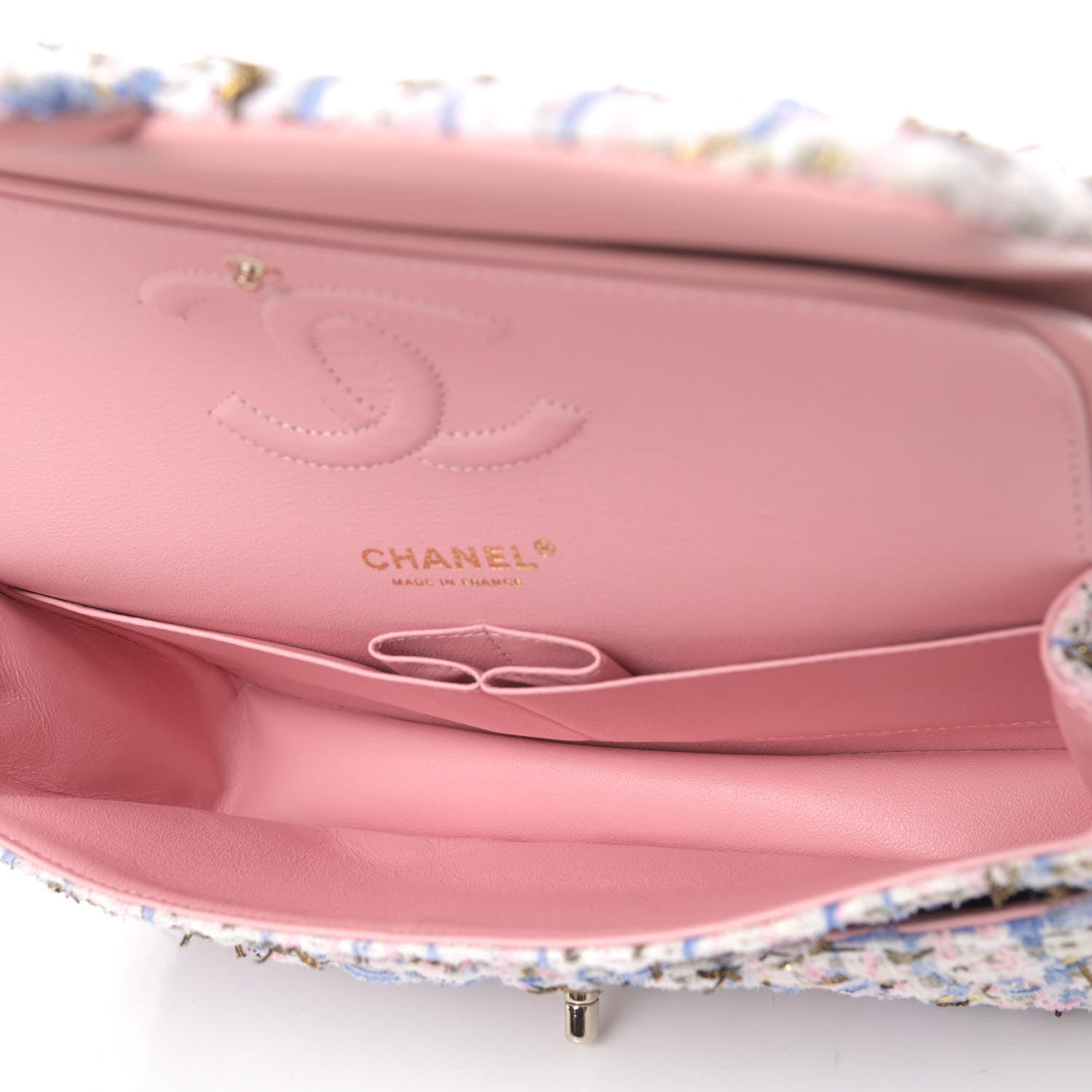 Chanel Tweed Quilted Medium Double Flap Blue Pink Gold White 4 of 4