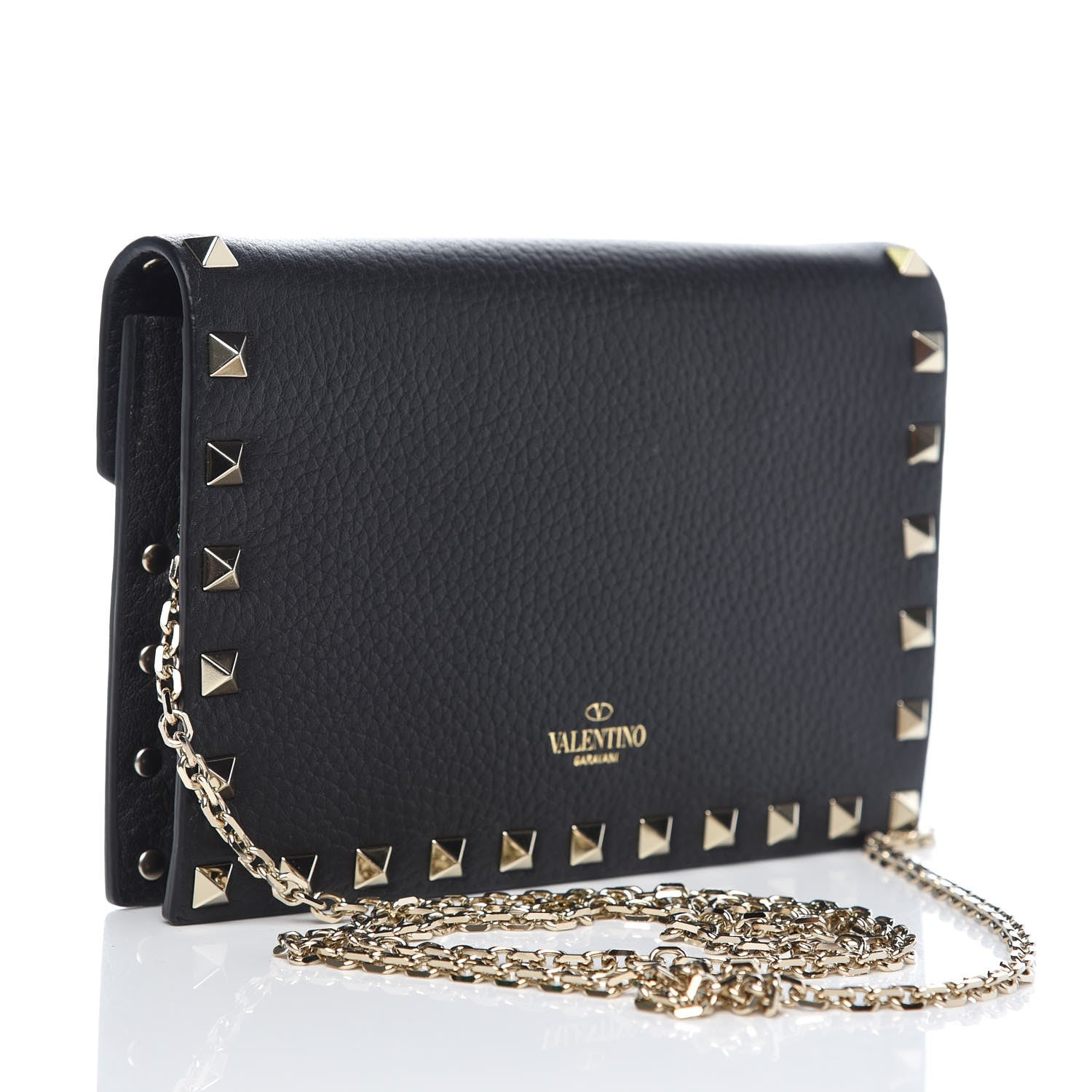 Valentino Garavani Pebbled Calfskin Rockstud Envelope Wallet on Chain Black 2 of 12