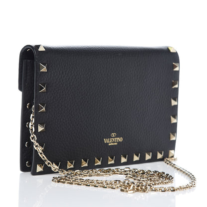 Valentino Garavani Pebbled Calfskin Rockstud Envelope Wallet on Chain Black 2 of 12