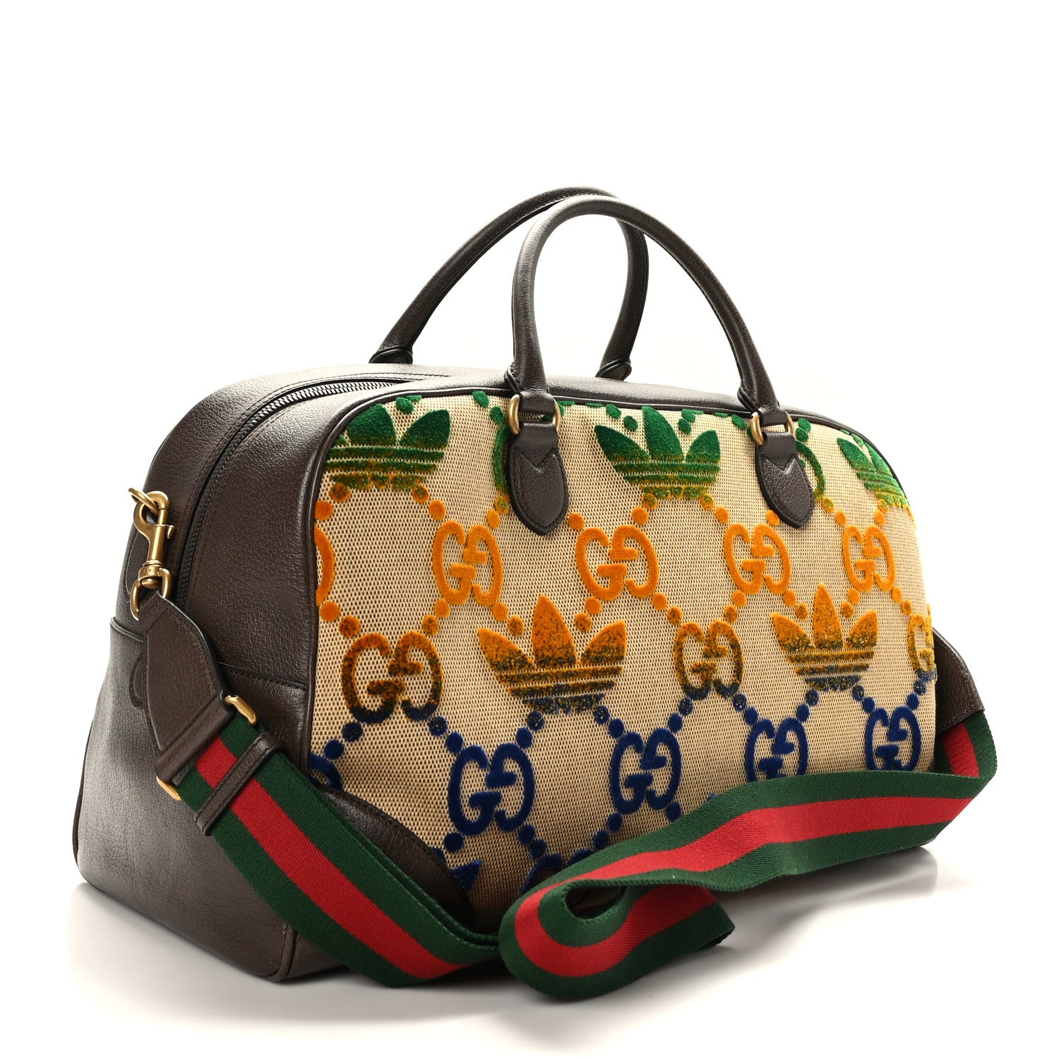 Gucci X ADIDAS Canvas Textured Dollar Calfskin Web GG Monogram Trefoil Large Bowling Bag Beige Brown Multicolor 2 of 10