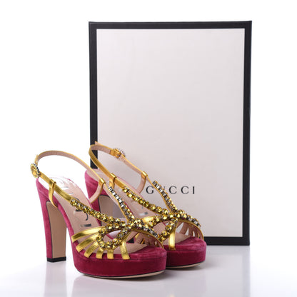 Gucci Velvet Nappa Crystal Zephyra Slingback Platform High Heel Sandals 36.5 Pink Gold 8 of 9