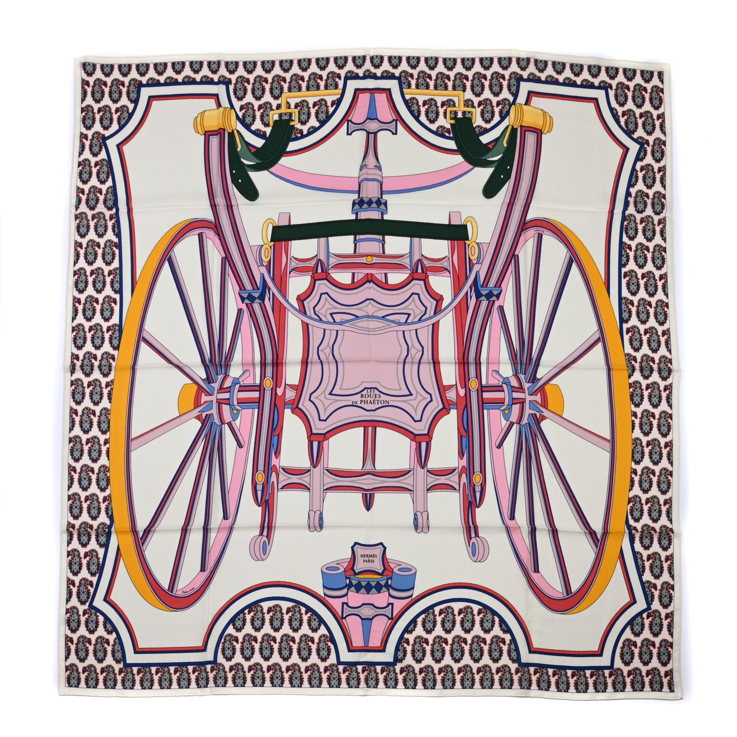 Hermes Cashmere Silk Les Roues De Phaeton Shawl 140 White Rose Jaune 1 of 5