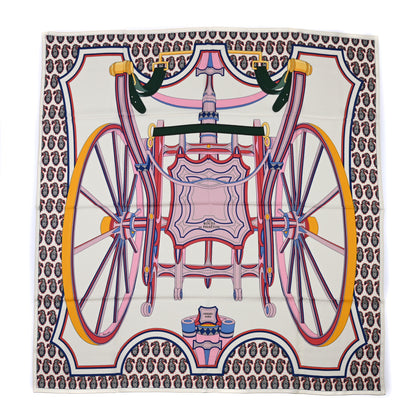 Hermes Cashmere Silk Les Roues De Phaeton Shawl 140 White Rose Jaune 1 of 5