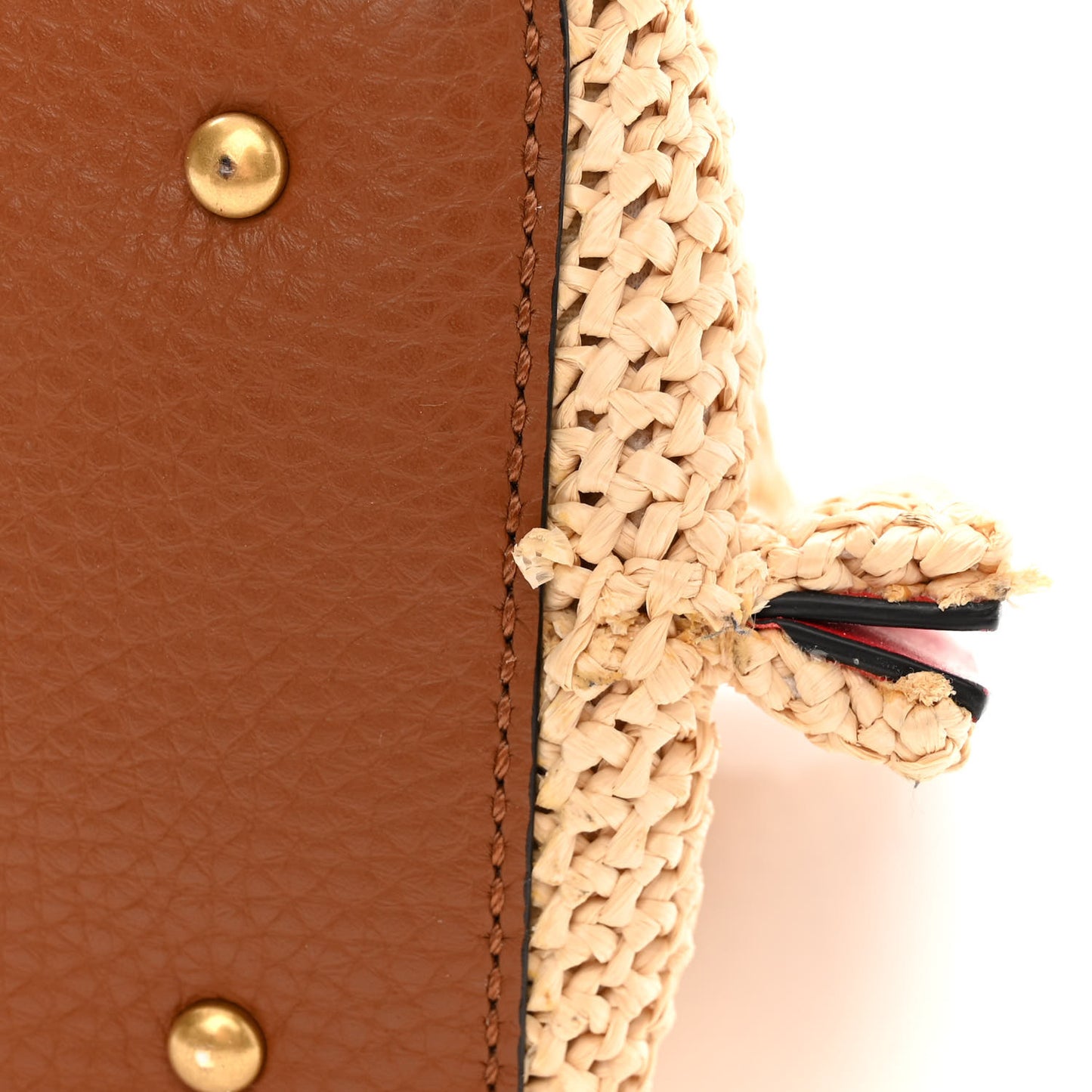 Raffia Grained Calfskin Small Rockstud Vlogo Tote Naturale