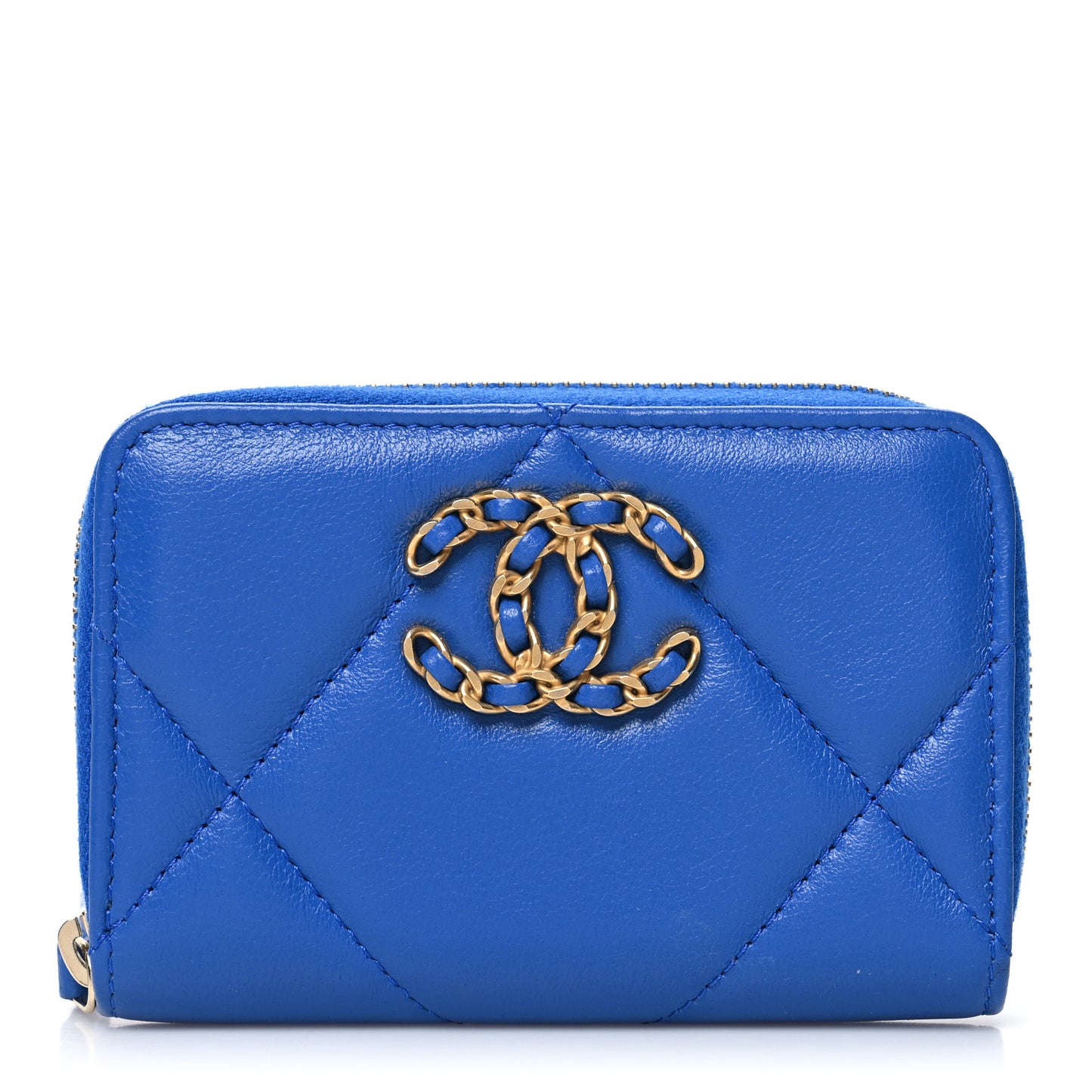 Lambskin Quilted Chanel 19 Zip Around Coin Purse Wallet Dark Blue