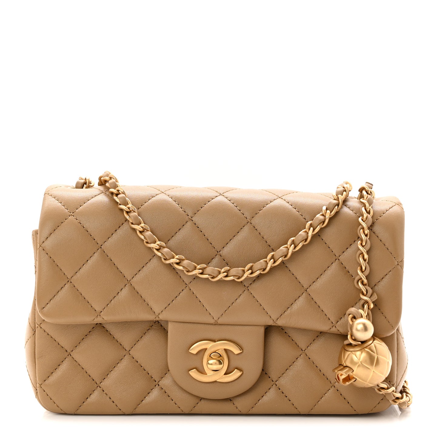 Lambskin Quilted Mini Rectangular Pearl Crush Flap Dark Beige