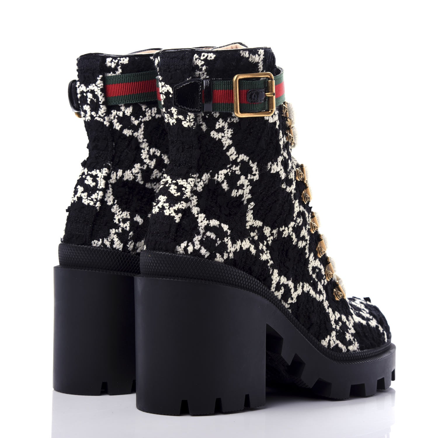Gucci Tweed GG Monogram Lace Up Combat Ankle Boots 35.5 Black 4 of 9
