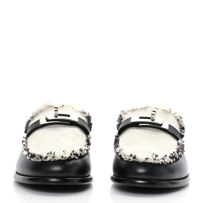 Hermes Toile Calfskin Fray Womens Destin Loafer 35 Black Prunoir 2 of 9