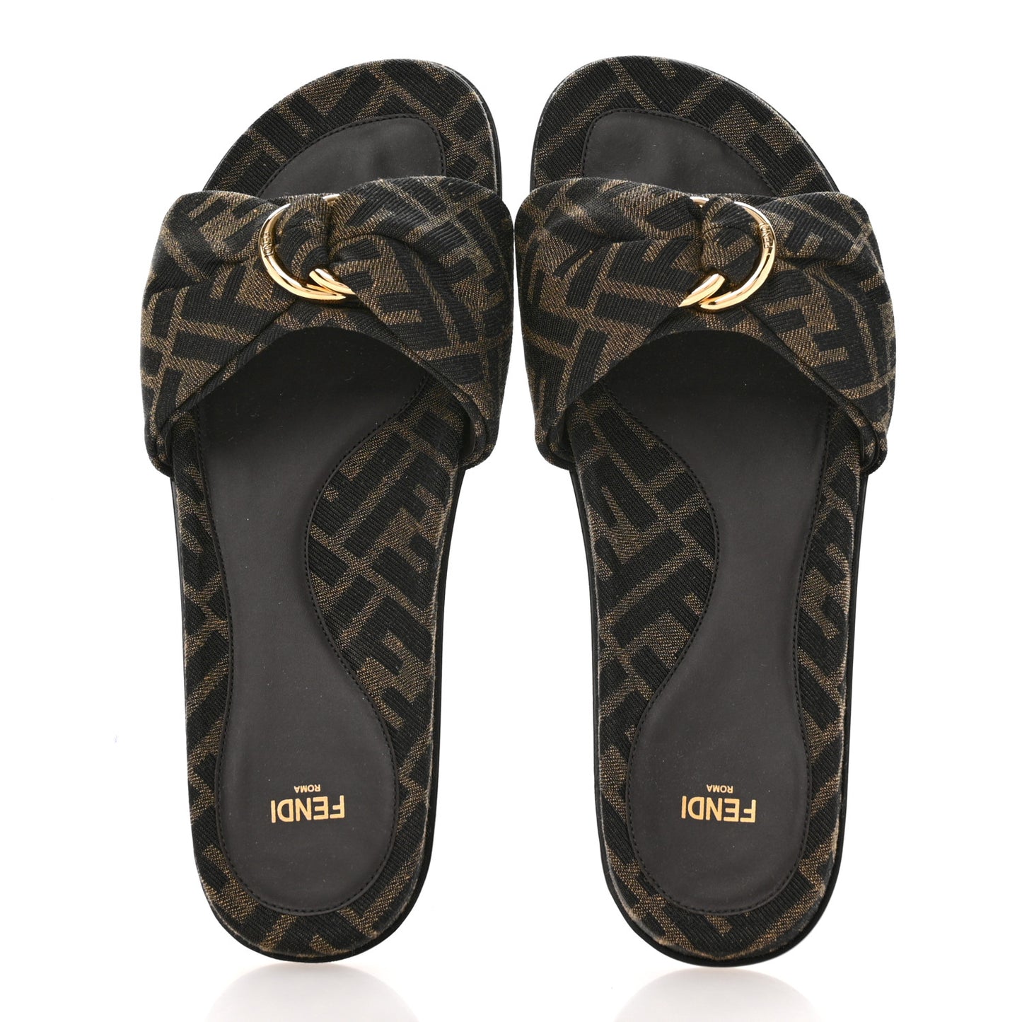Fabric Jacquard FF 1974 Fendi Feel Slide Sandals 39 Tobacco Black