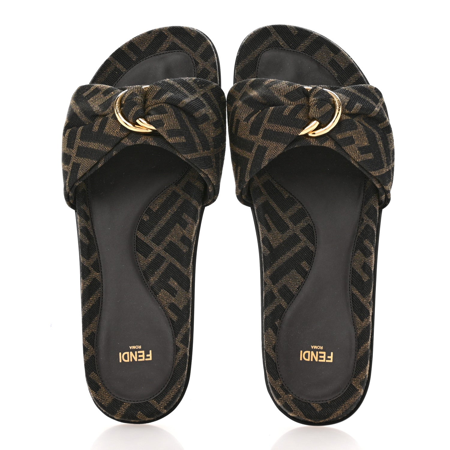Fendi Fabric Jacquard FF 1974 Fendi Feel Slide Sandals 39 Tobacco Black 2 of 9