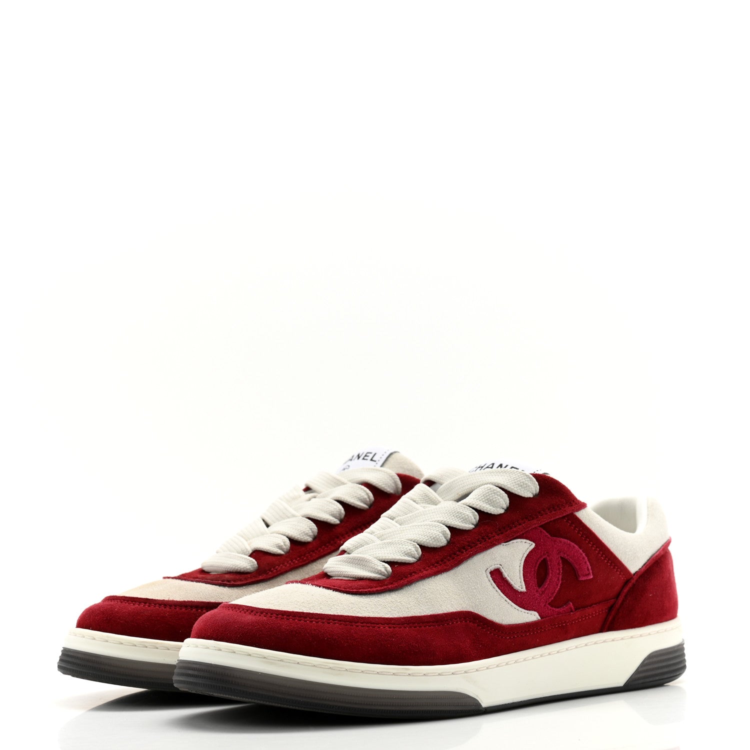 Chanel Suede Kidskin Womens CC Sneakers 38.5 Burgundy White 3 of 12