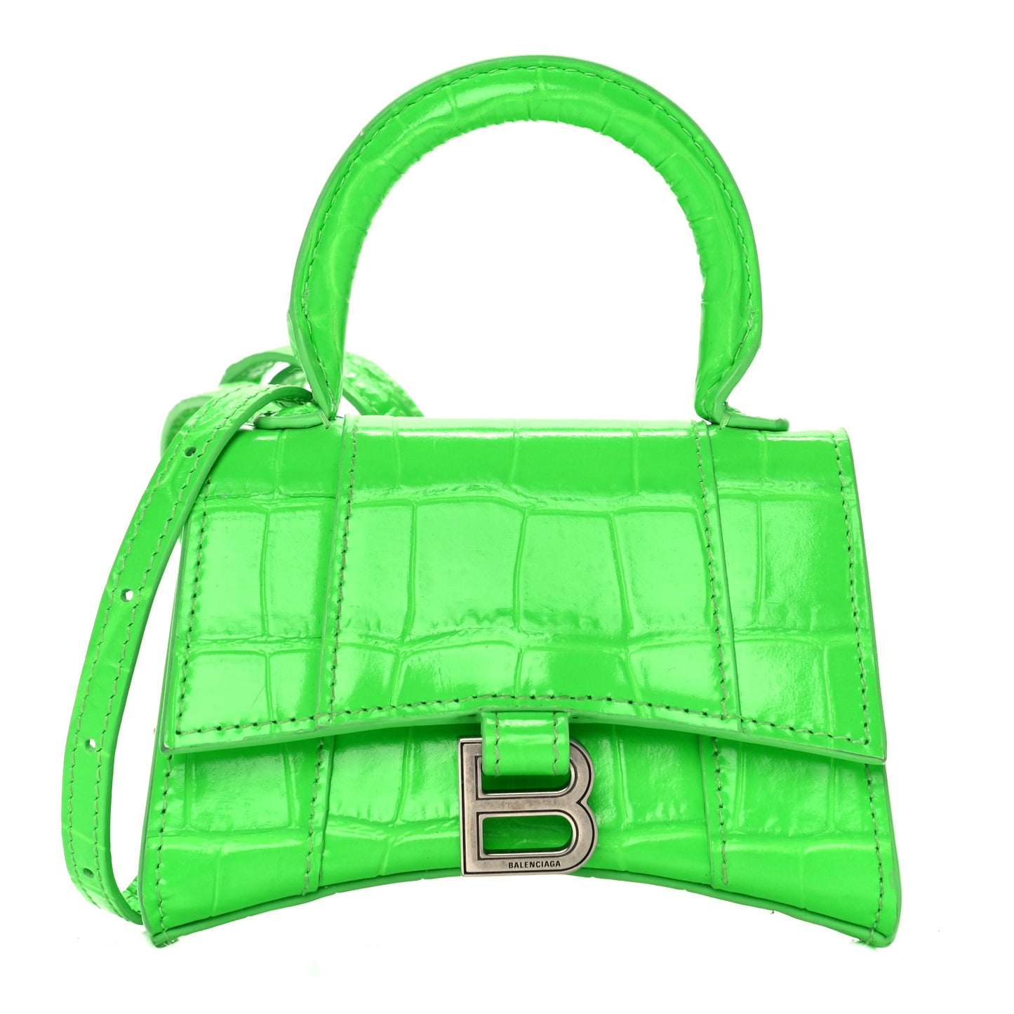 Shiny Calfskin Crocodile Embossed Hourglass Top Handle Bag Mini Fluo Green