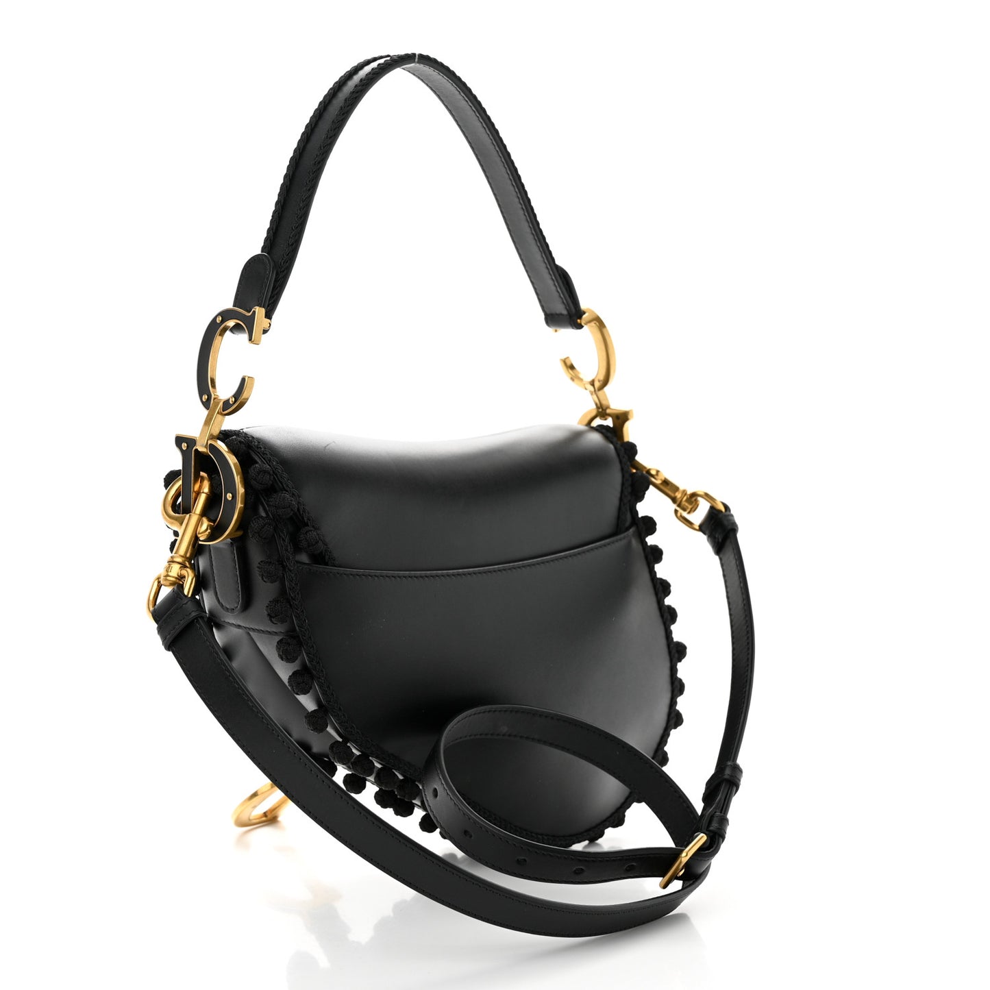 Calfskin Pom Pom Saddle Bag Black