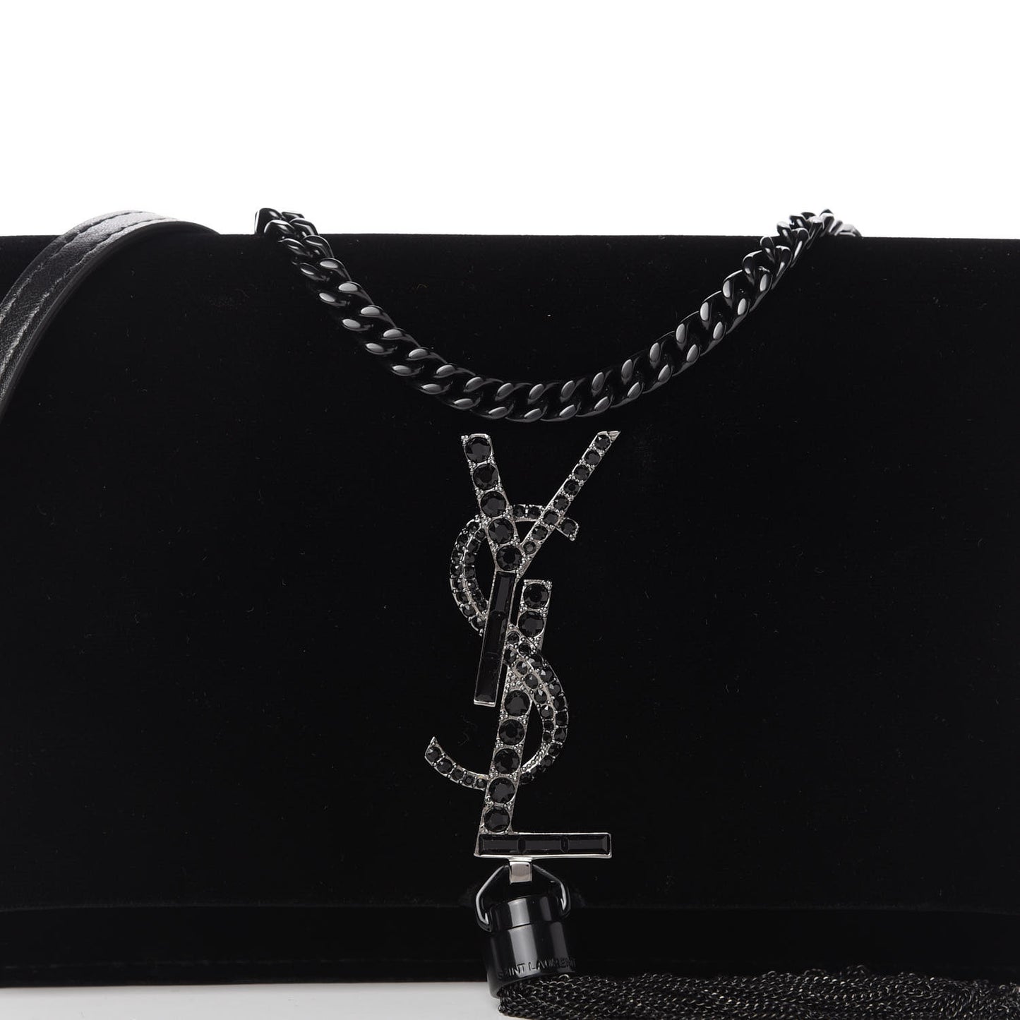 Velvet Crystal Monogram Kate Tassel Chain Wallet Black