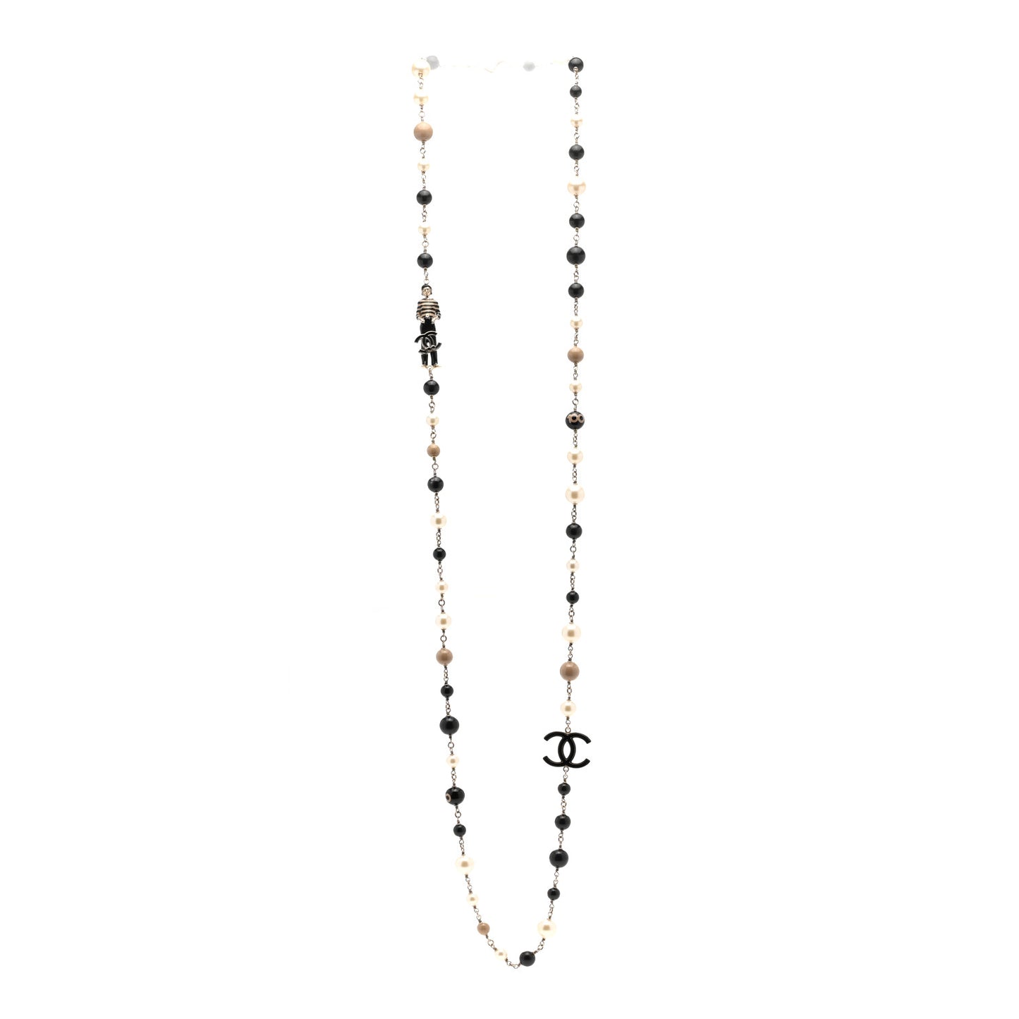 Pearl Beaded Enamel CC Coco Long Necklace Blanc Nacre Black Beige Gold