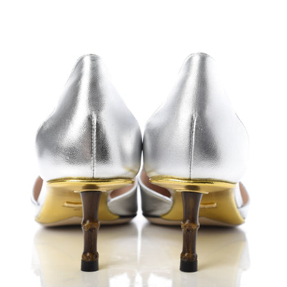 Gucci Metallic Nappa Bamboo Crystal Double G Low Heel Pumps 40 Argento 6 of 9