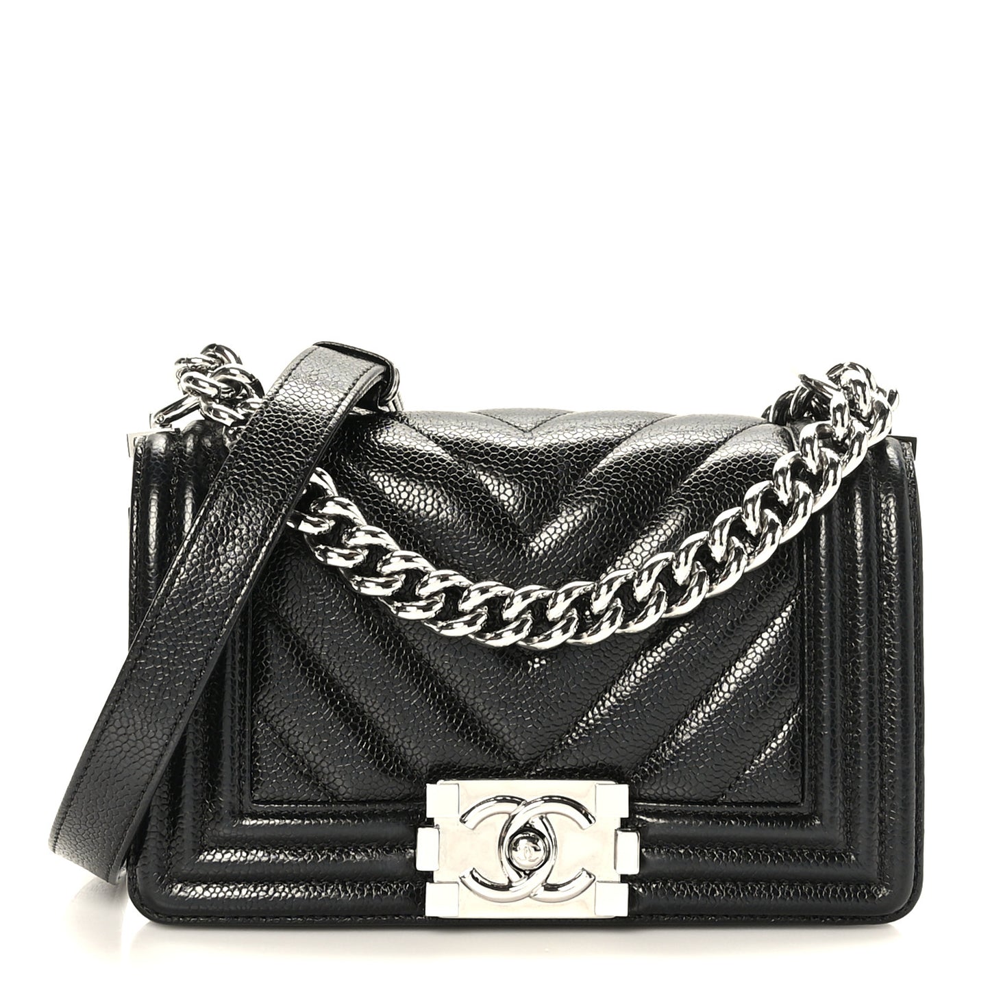 Iridescent Caviar Chevron Quilted Small Boy Flap Black