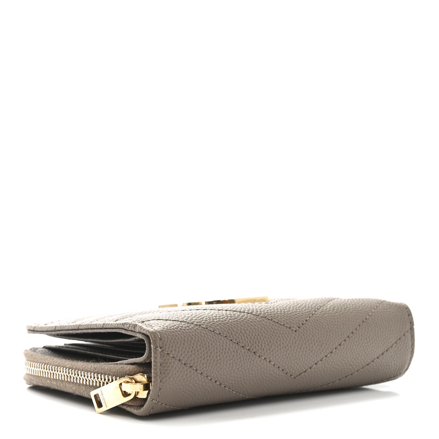 Saint Laurent Grain De Poudre Matelasse Chevron Monogram Compact Zip Around Wallet Dark Latte 4 of 9